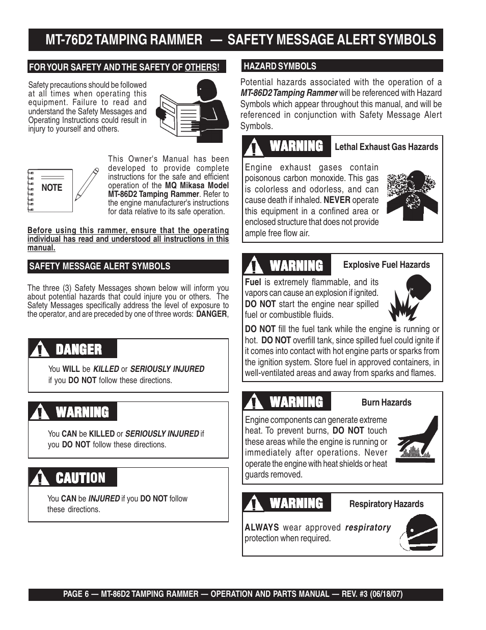 Cauti, Warning | Multiquip MT86D2 User Manual | Page 6 / 58