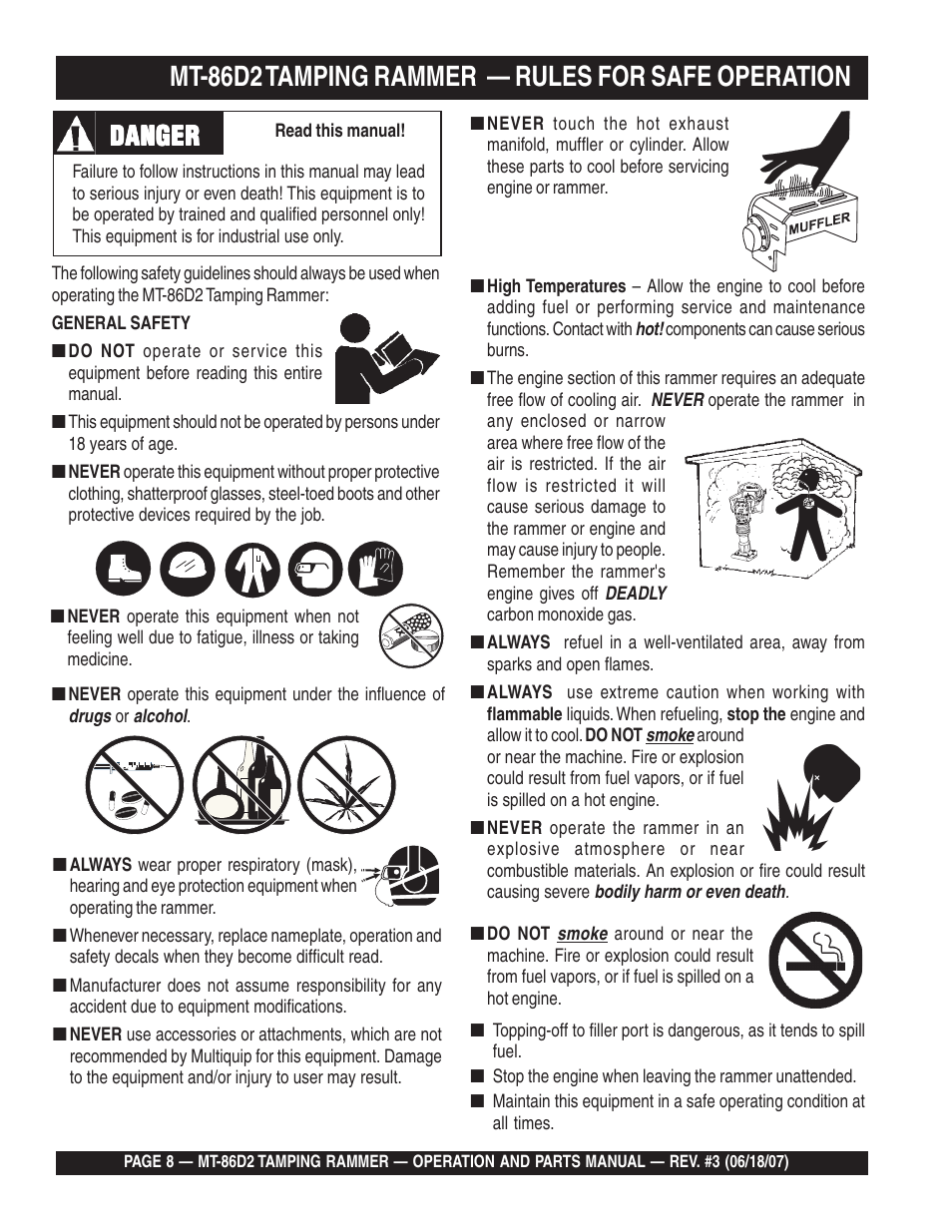 Mt-86d2 tamping rammer — rules for safe operation, Danger | Multiquip MT86D2 User Manual | Page 8 / 58