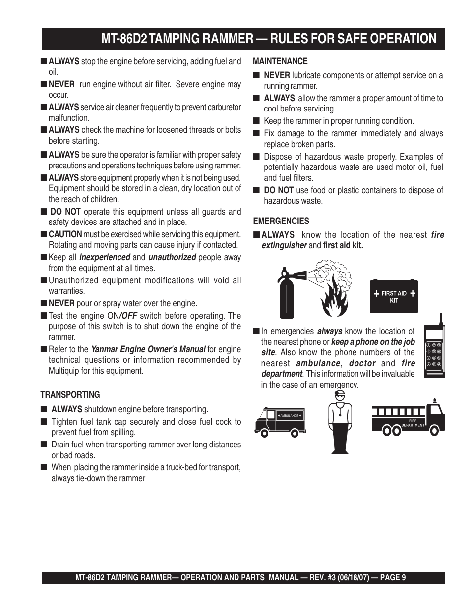 Mt-86d2 tamping rammer — rules for safe operation | Multiquip MT86D2 User Manual | Page 9 / 58