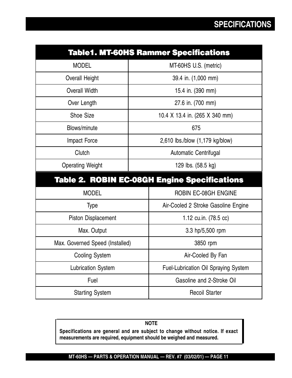 Specifications | Multiquip MT60HS User Manual | Page 11 / 54