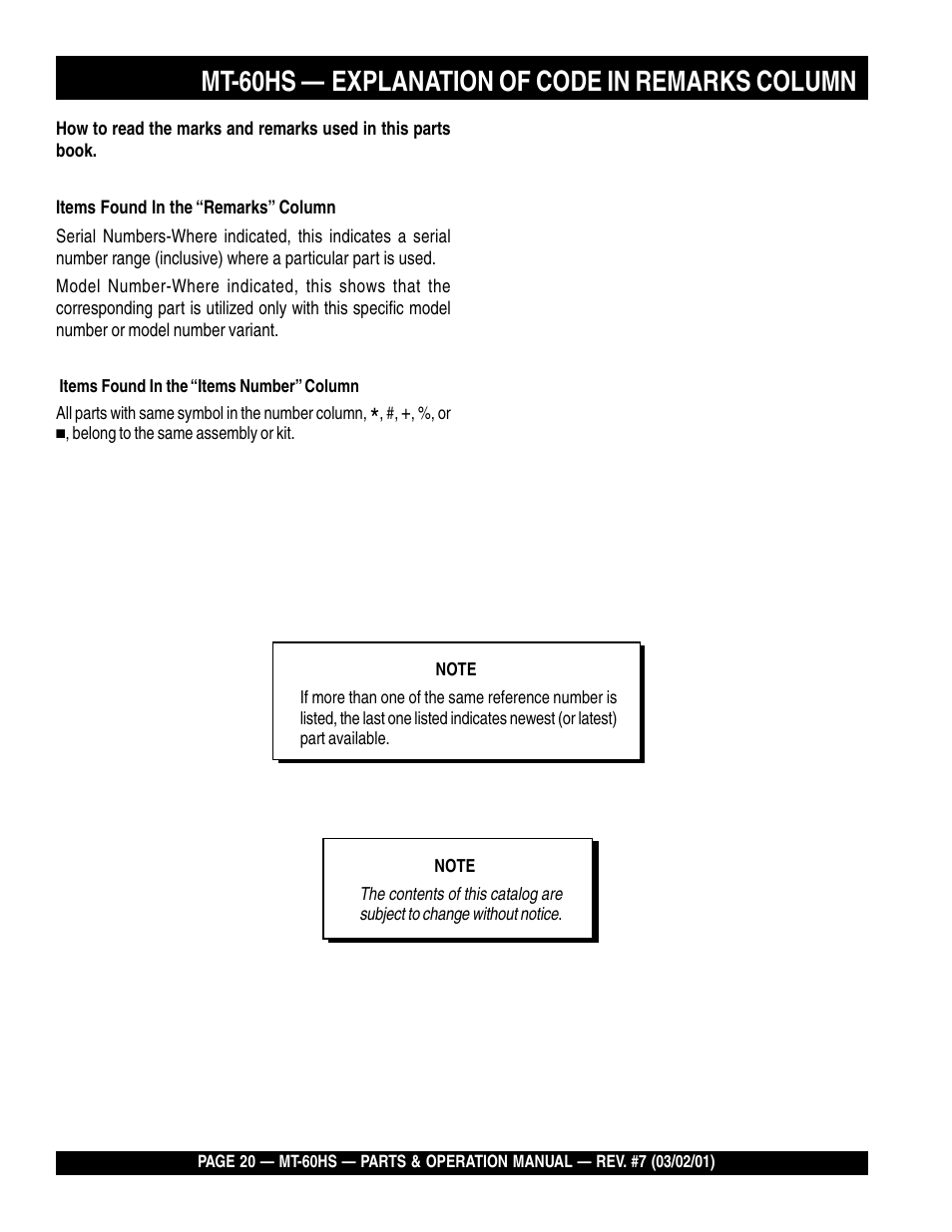 Mt-60hs, Explanation of code in remarks column | Multiquip MT60HS User Manual | Page 20 / 54