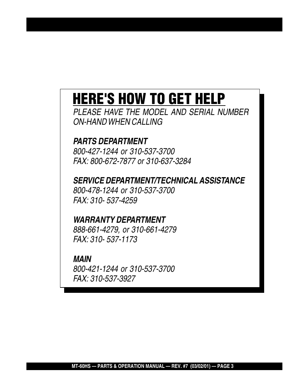 Here's how to get help | Multiquip MT60HS User Manual | Page 3 / 54