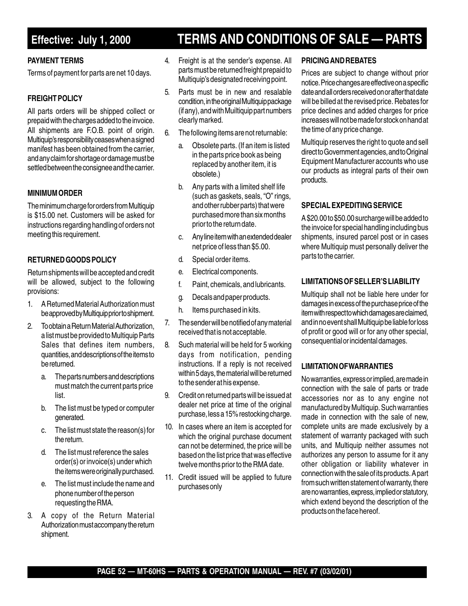 Terms and conditions of, Sale — parts | Multiquip MT60HS User Manual | Page 52 / 54