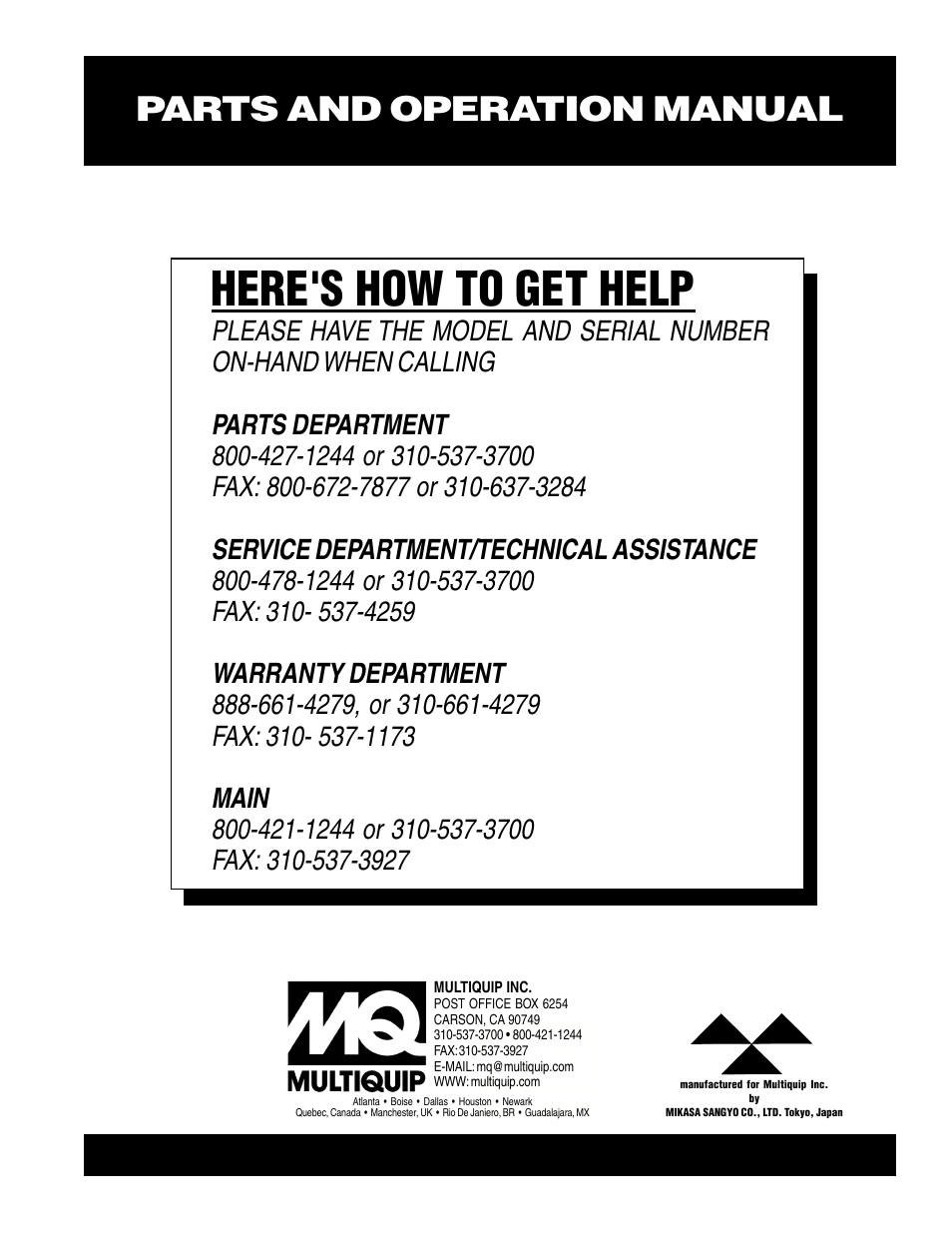 Here's how to get help, Parts and operation manual | Multiquip MT60HS User Manual | Page 54 / 54