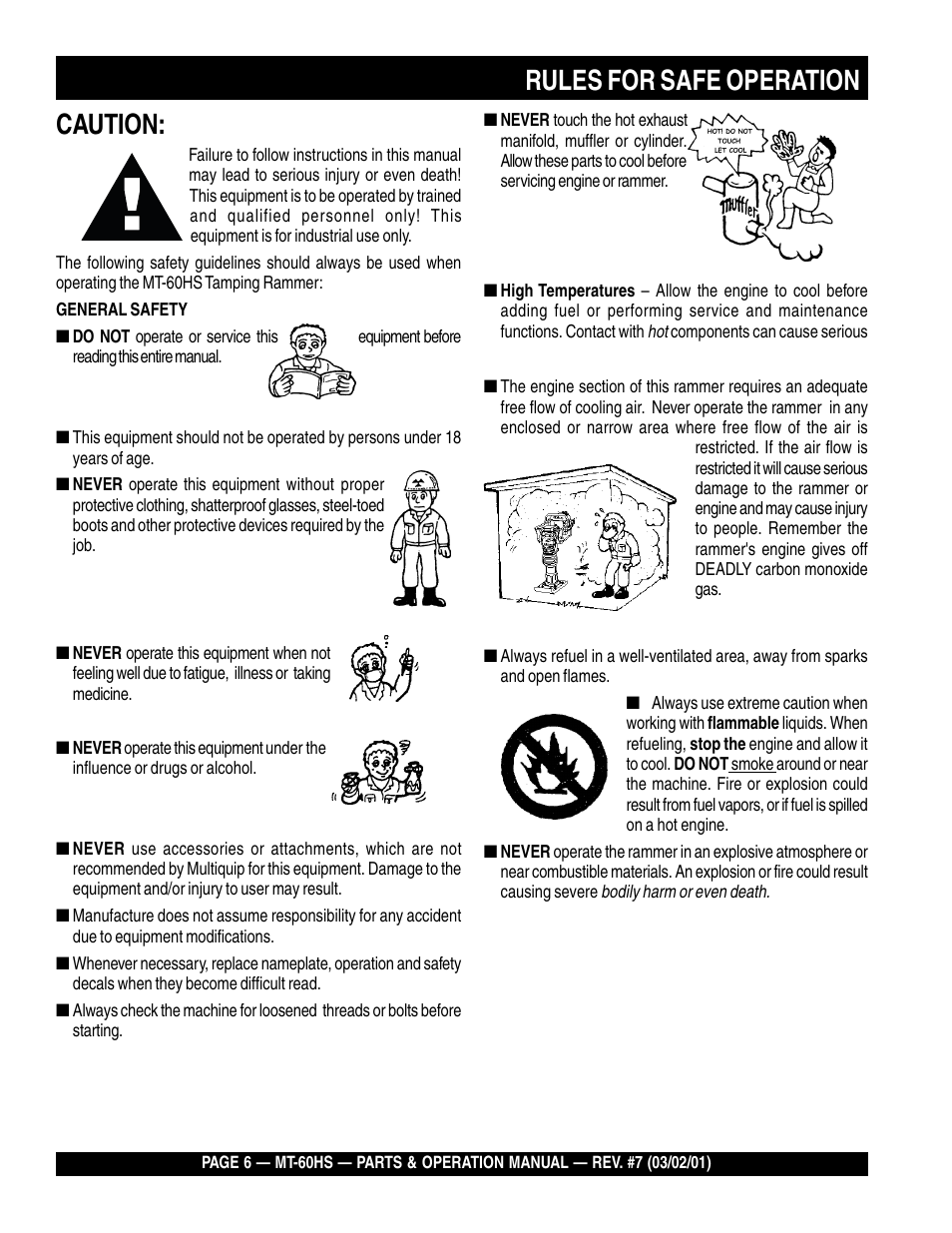 Rules for safe operation caution | Multiquip MT60HS User Manual | Page 6 / 54
