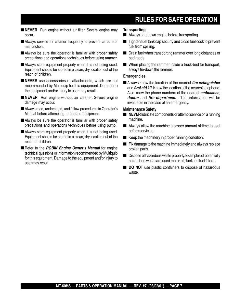 Rules for safe operation | Multiquip MT60HS User Manual | Page 7 / 54
