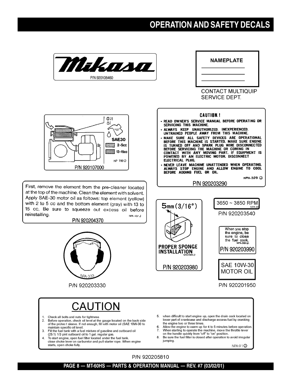 Operation and safety decals | Multiquip MT60HS User Manual | Page 8 / 54