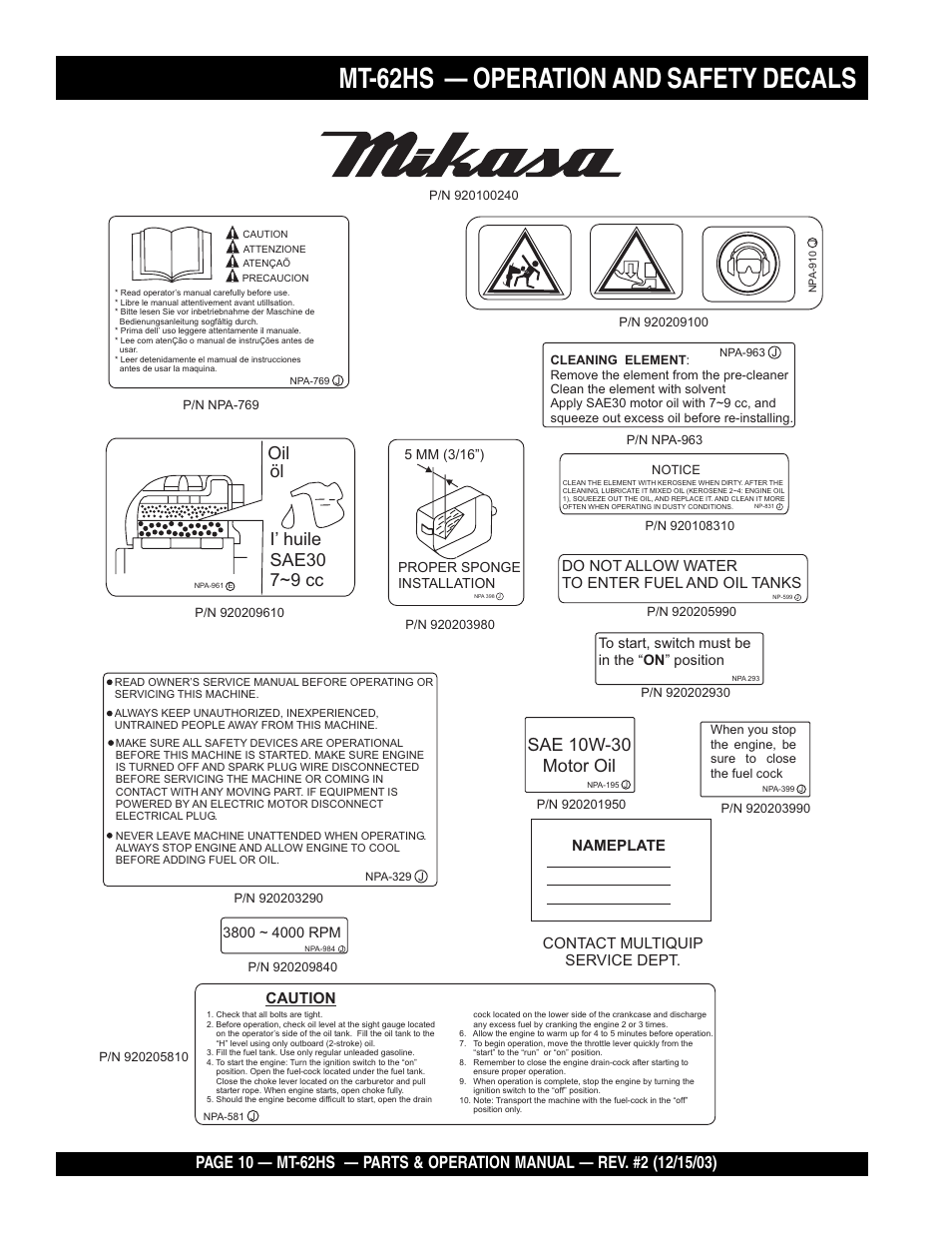 Mt-62hs — operation and safety decals, Oil öl i’ huile sae30 7~9 cc, Sae 10w-30 motor oil | Caution, Nameplate contact multiquip service dept, Do not allow water to enter fuel and oil tanks | Multiquip MT62HS User Manual | Page 10 / 68