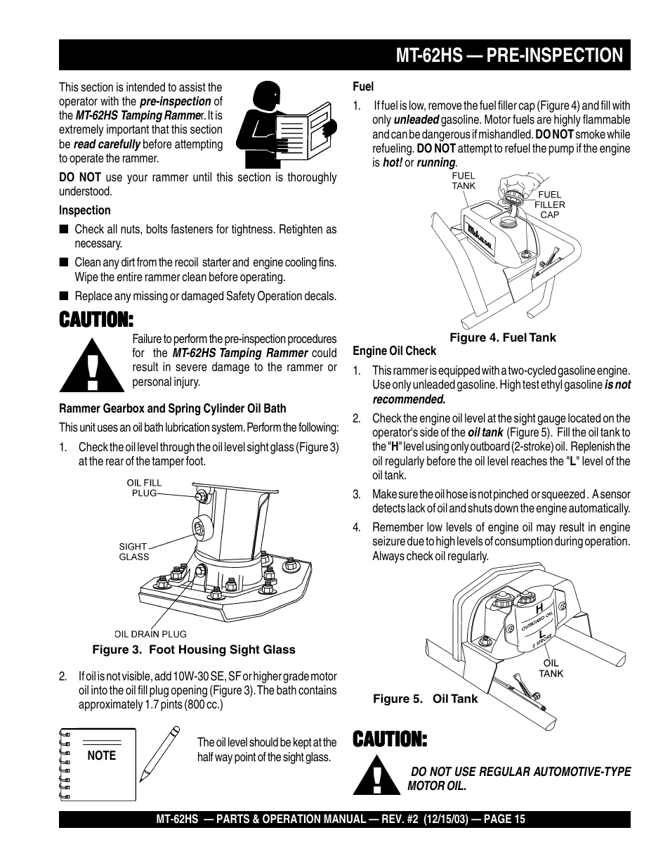 Mt-62hs — pre-inspection, Caution | Multiquip MT62HS User Manual | Page 15 / 68