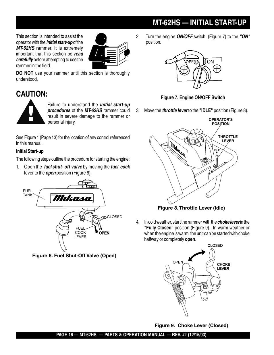 Caution, Mt-62hs — initial start-up | Multiquip MT62HS User Manual | Page 16 / 68