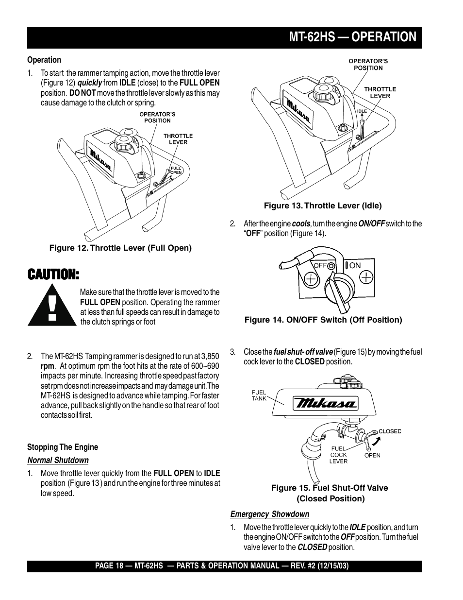 Mt-62hs — operation, Caution | Multiquip MT62HS User Manual | Page 18 / 68