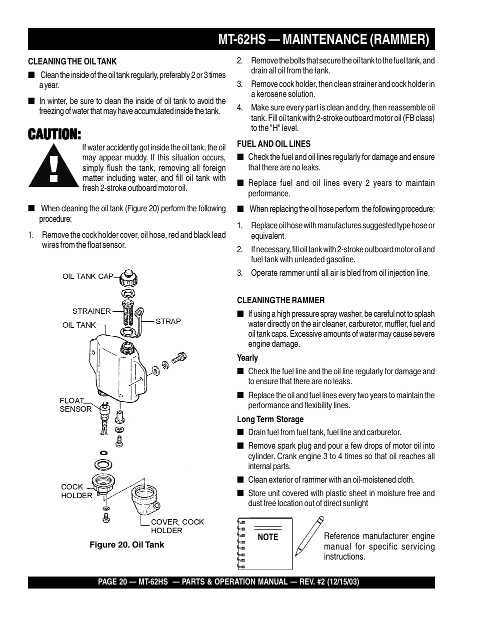 Mt-62hs — maintenance (rammer), Caution | Multiquip MT62HS User Manual | Page 20 / 68