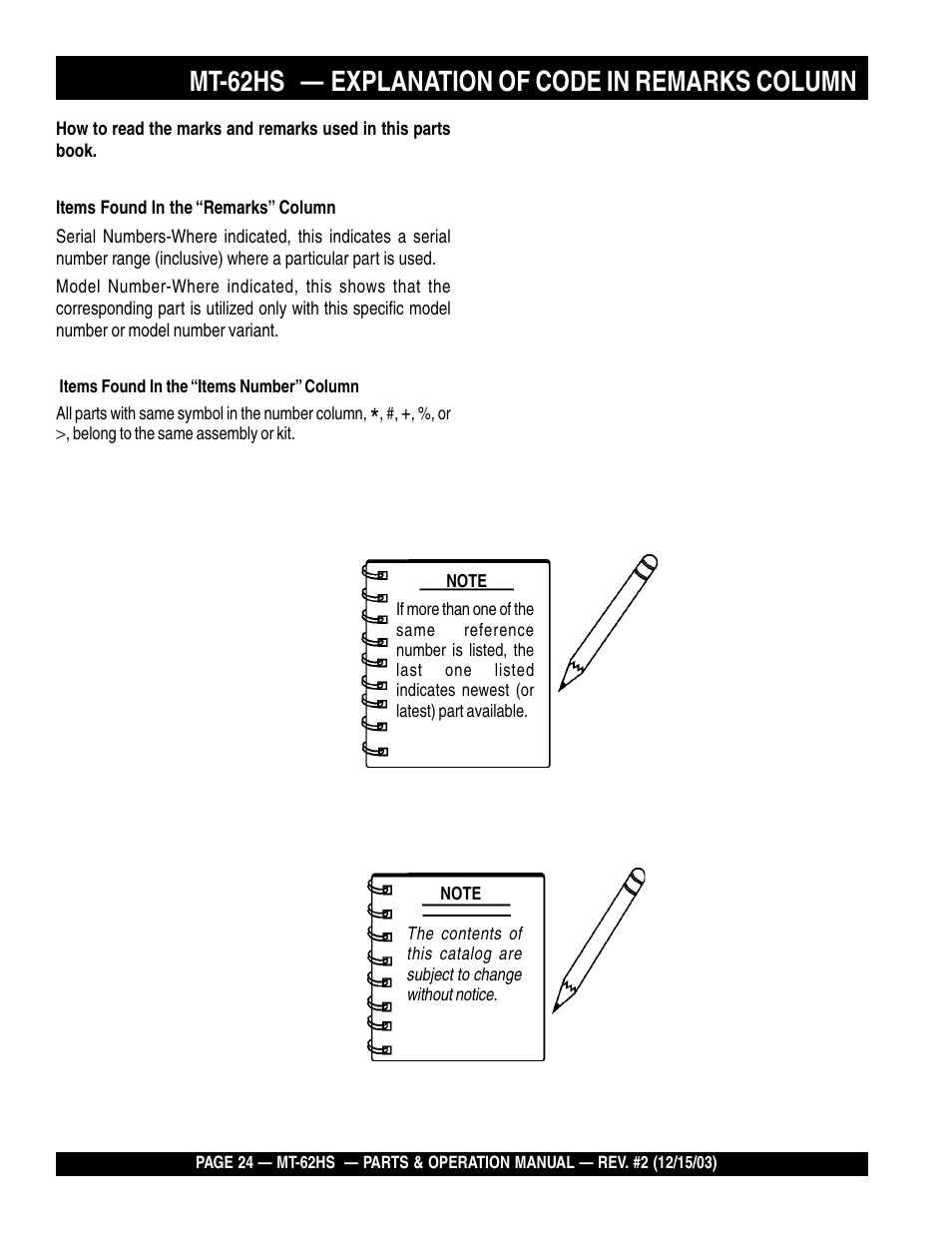 Mt-62hs, Explanation of code in remarks column | Multiquip MT62HS User Manual | Page 24 / 68