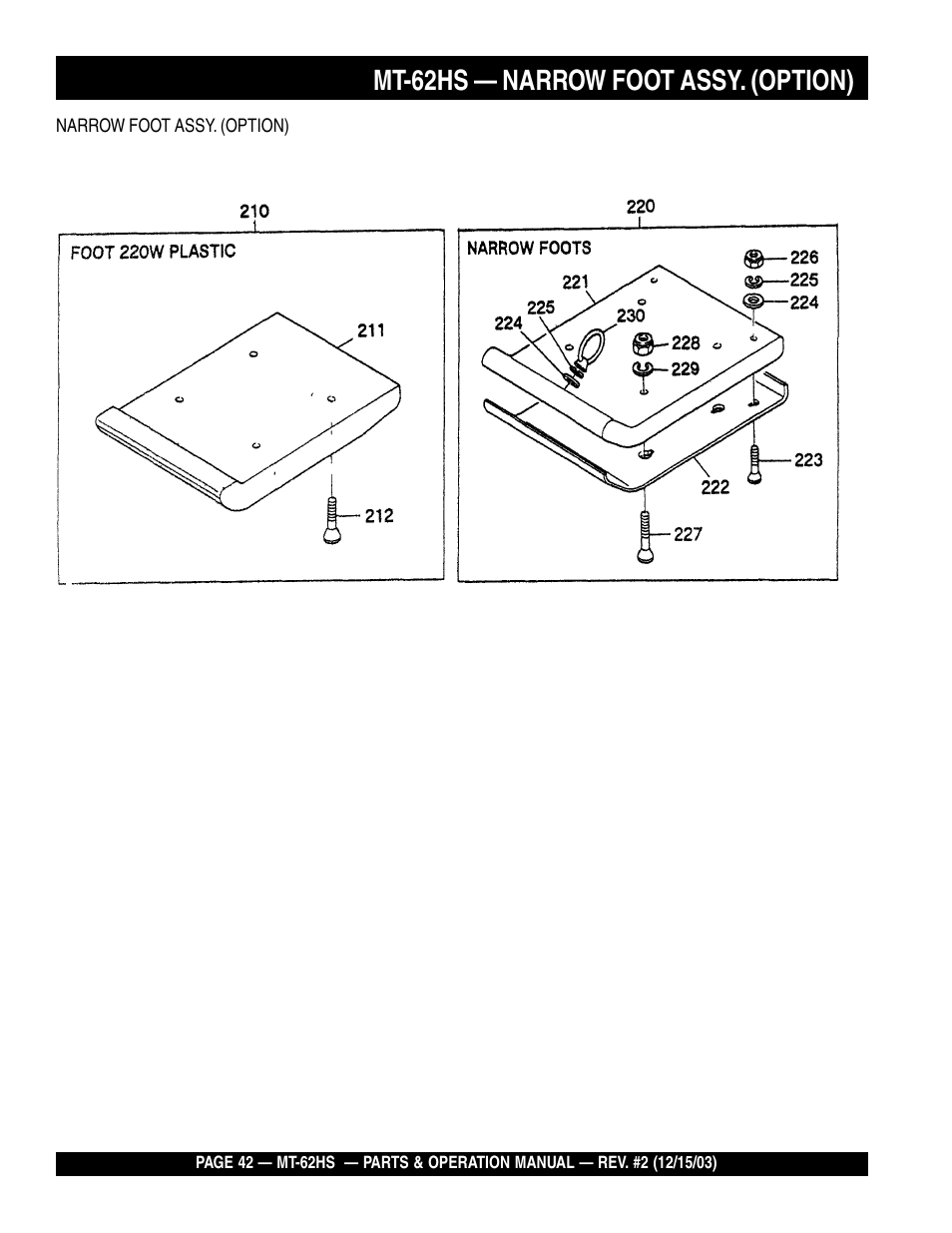Mt-62hs — narrow foot assy. (option) | Multiquip MT62HS User Manual | Page 42 / 68