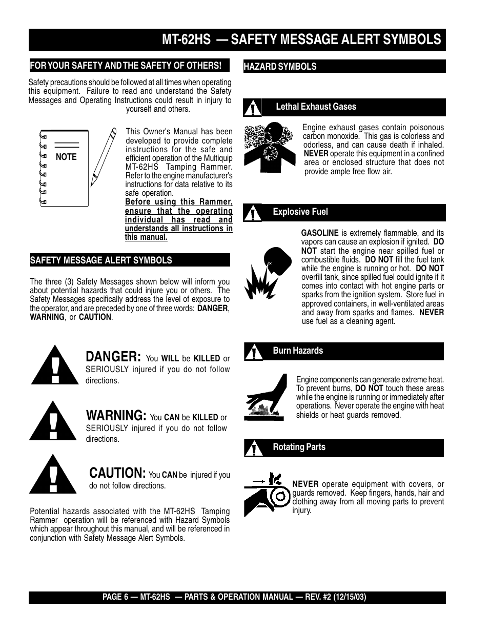 Danger, Warning, Caution | Mt-62hs — safety message alert symbols | Multiquip MT62HS User Manual | Page 6 / 68