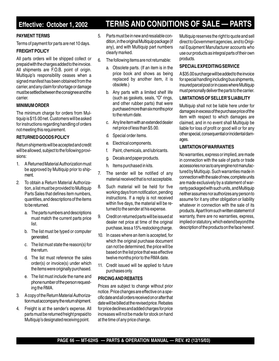 Terms and conditions of, Sale — parts | Multiquip MT62HS User Manual | Page 66 / 68