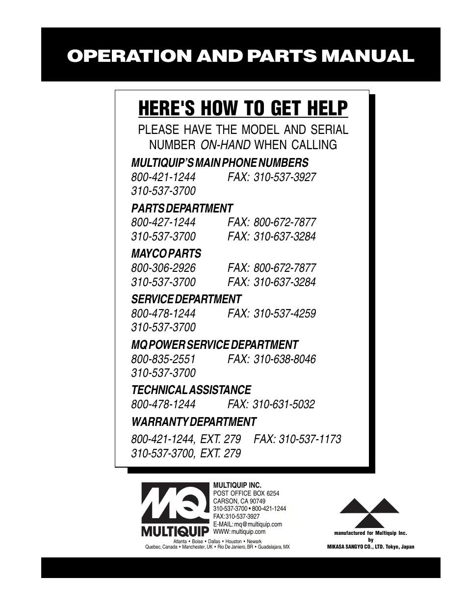 Here's how to get help, Operation and parts manual | Multiquip MT62HS User Manual | Page 68 / 68