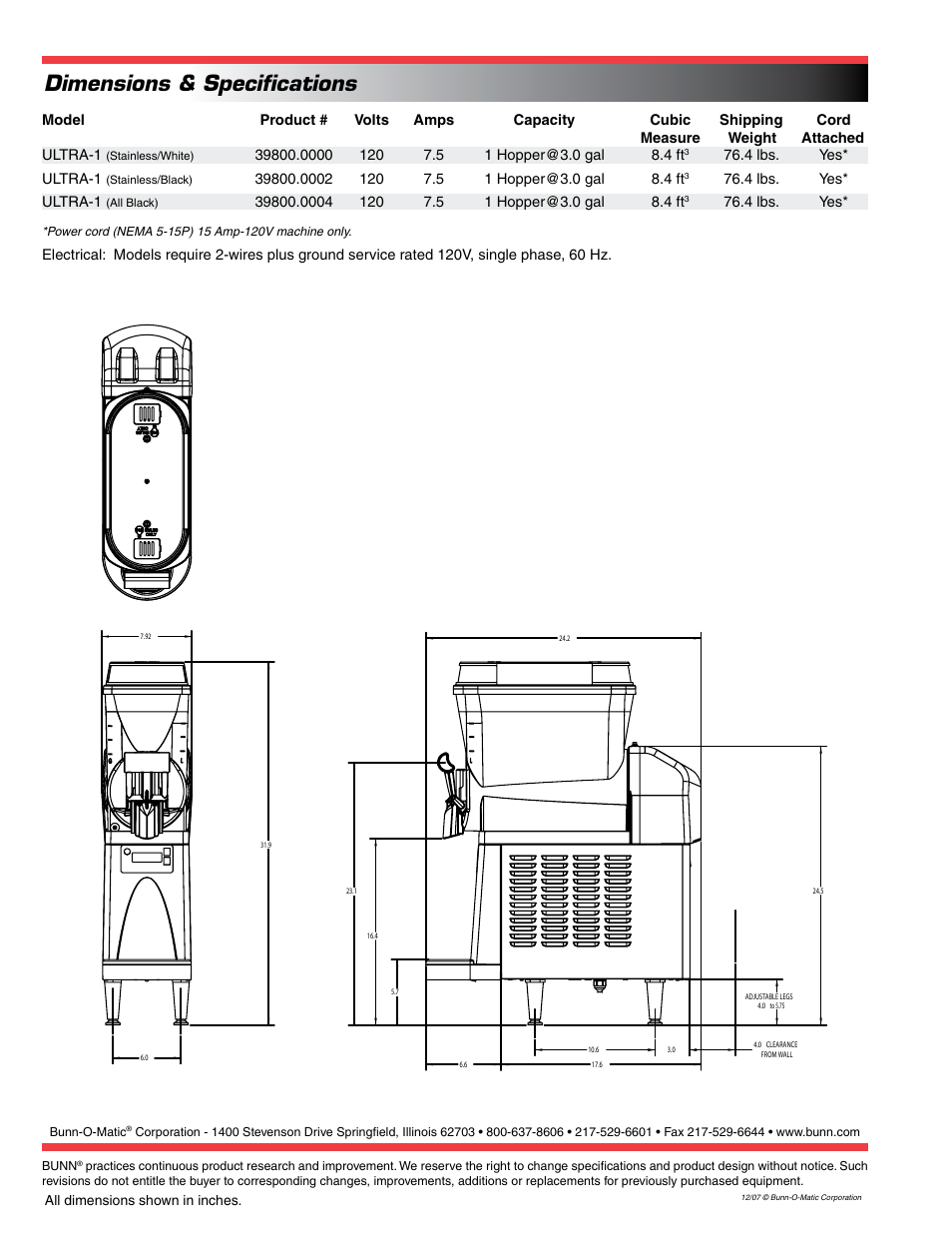 Dimensions & specifications | Bunn Ultra Gourmet Ice System 1 Hopper User Manual | Page 2 / 2