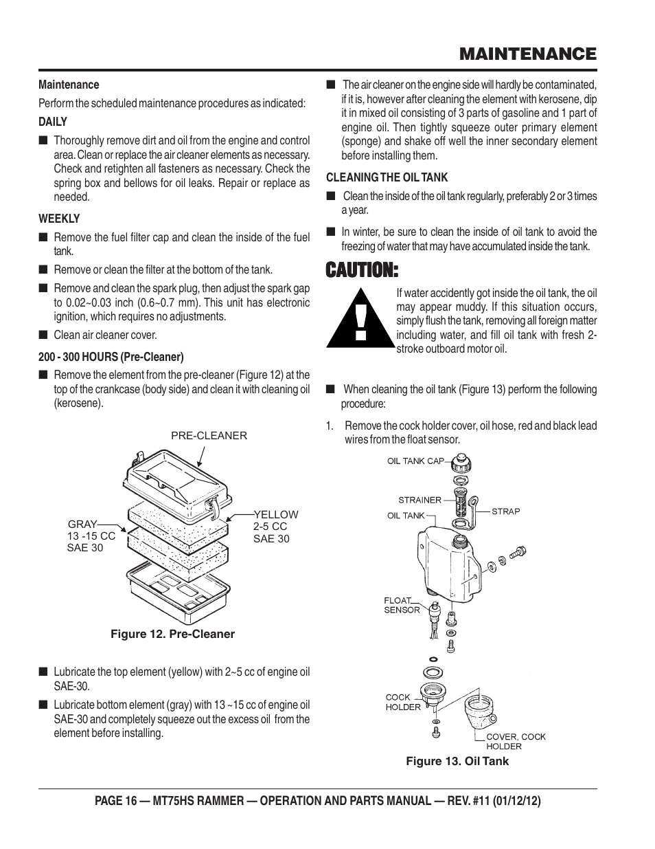 Caution, Maintenance | Multiquip MT75HS User Manual | Page 16 / 50