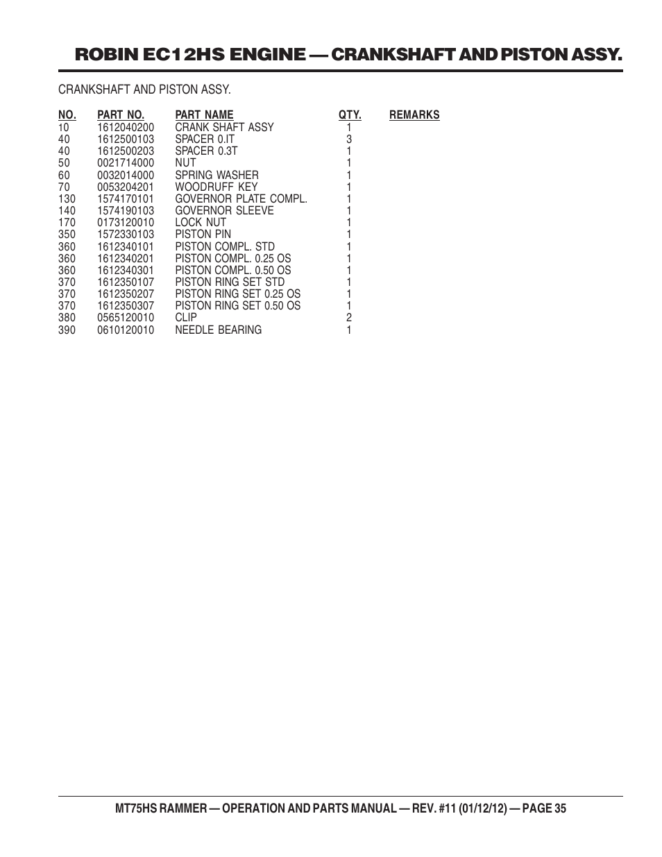 Robin ec12hs engine — crankshaft and piston assy | Multiquip MT75HS User Manual | Page 35 / 50