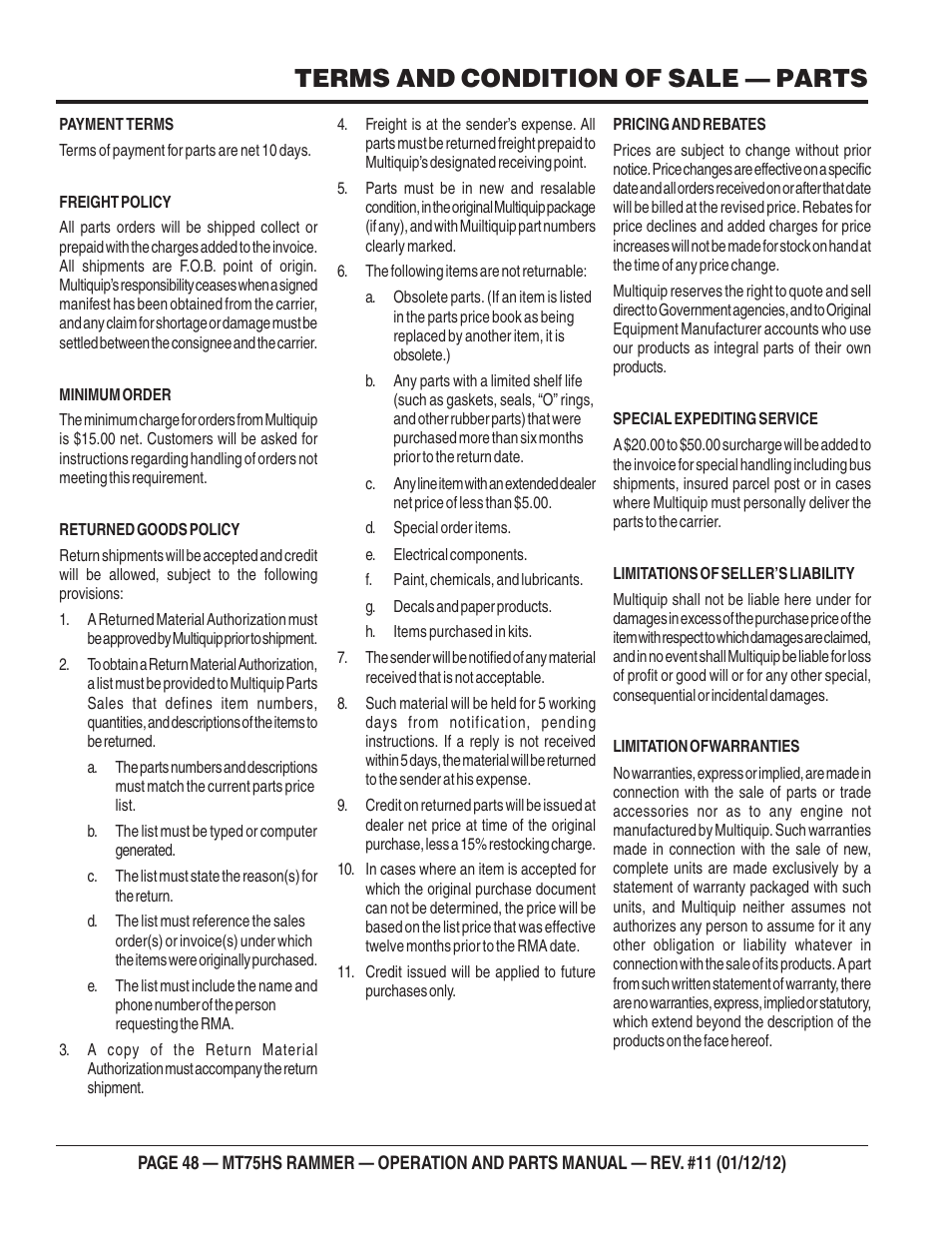 Terms and conditions of, Sale — parts, Terms and condition of sale — parts | Multiquip MT75HS User Manual | Page 48 / 50