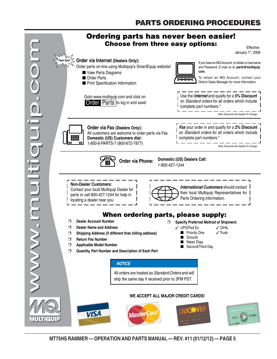 Parts ordering procedures, Ordering parts has never been easier, Choose from three easy options | When ordering parts, please supply, Order parts | Multiquip MT75HS User Manual | Page 5 / 50