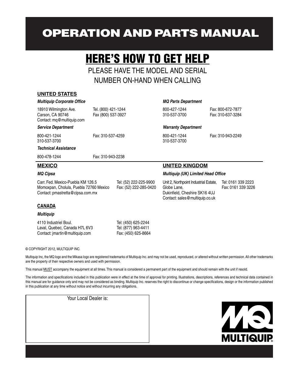 Here’s how to get help, Operation and parts manual | Multiquip MT75HS User Manual | Page 50 / 50