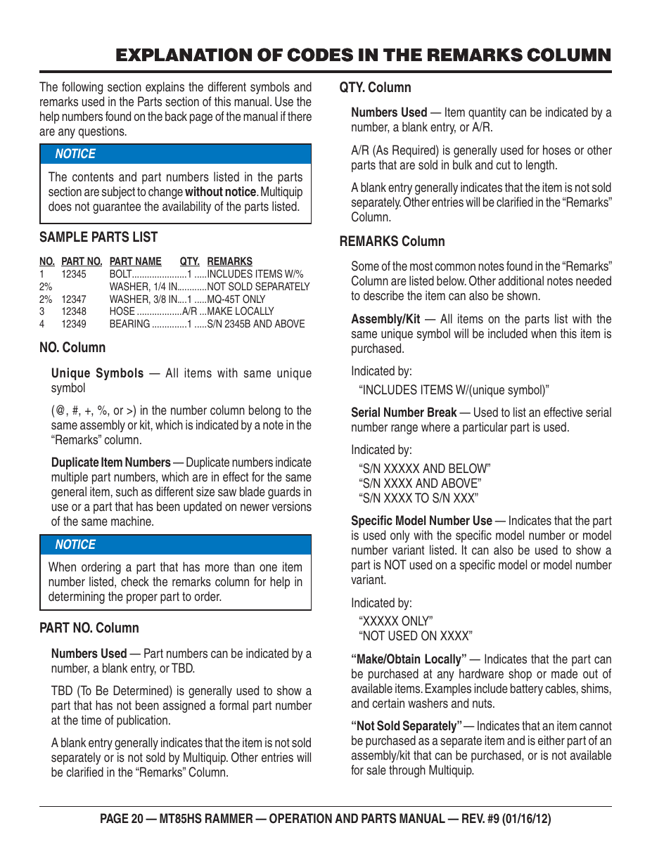 Explanation of codes in the remarks column | Multiquip MT85HS User Manual | Page 20 / 50