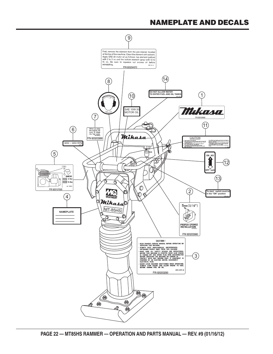 Nameplate and decals, Mikasa | Multiquip MT85HS User Manual | Page 22 / 50