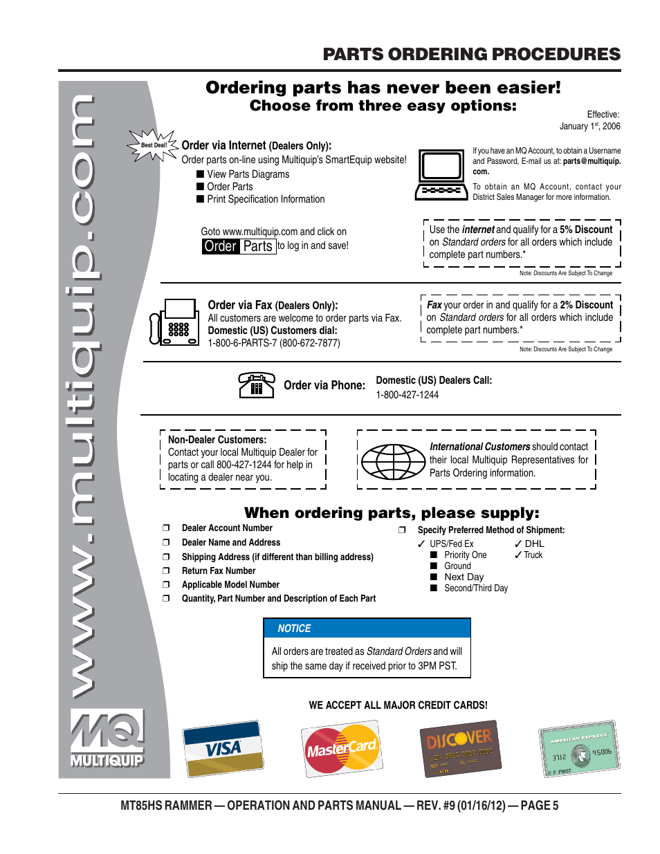 Parts ordering procedures, Ordering parts has never been easier, Choose from three easy options | When ordering parts, please supply, Order parts | Multiquip MT85HS User Manual | Page 5 / 50