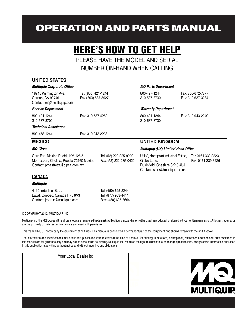 Here’s how to get help, Operation and parts manual | Multiquip MT85HS User Manual | Page 50 / 50