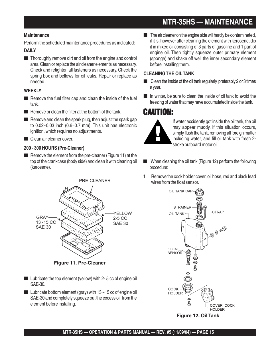 Mtr-35hs — maintenance, Caution | Multiquip MTR35HS User Manual | Page 15 / 54