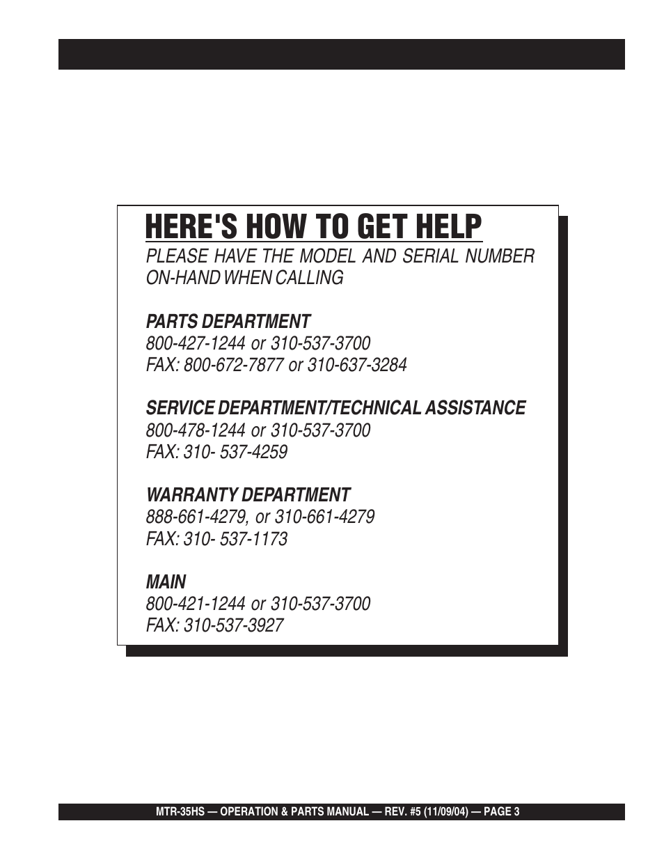 Here's how to get help | Multiquip MTR35HS User Manual | Page 3 / 54