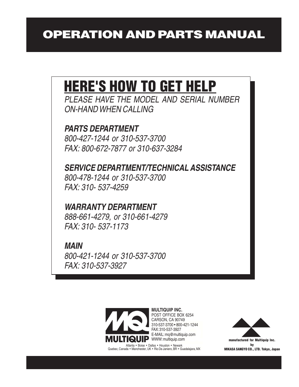 Here's how to get help, Operation and parts manual | Multiquip MTR35HS User Manual | Page 54 / 54