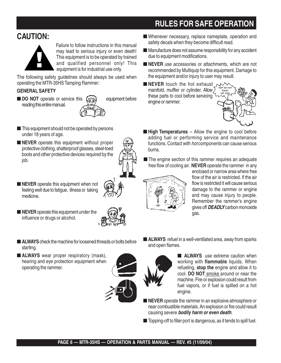 Rules for safe operation caution | Multiquip MTR35HS User Manual | Page 6 / 54