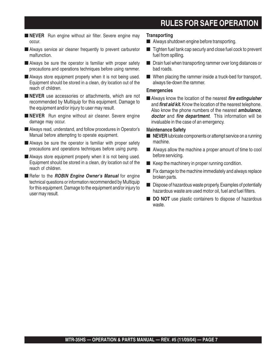 Rules for safe operation | Multiquip MTR35HS User Manual | Page 7 / 54