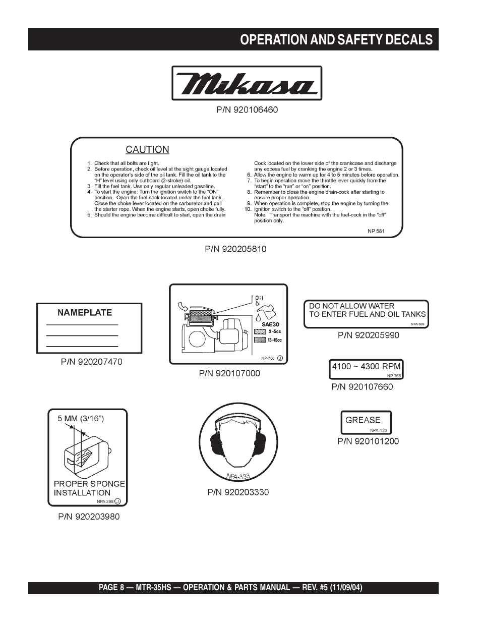 Operation and safety decals | Multiquip MTR35HS User Manual | Page 8 / 54