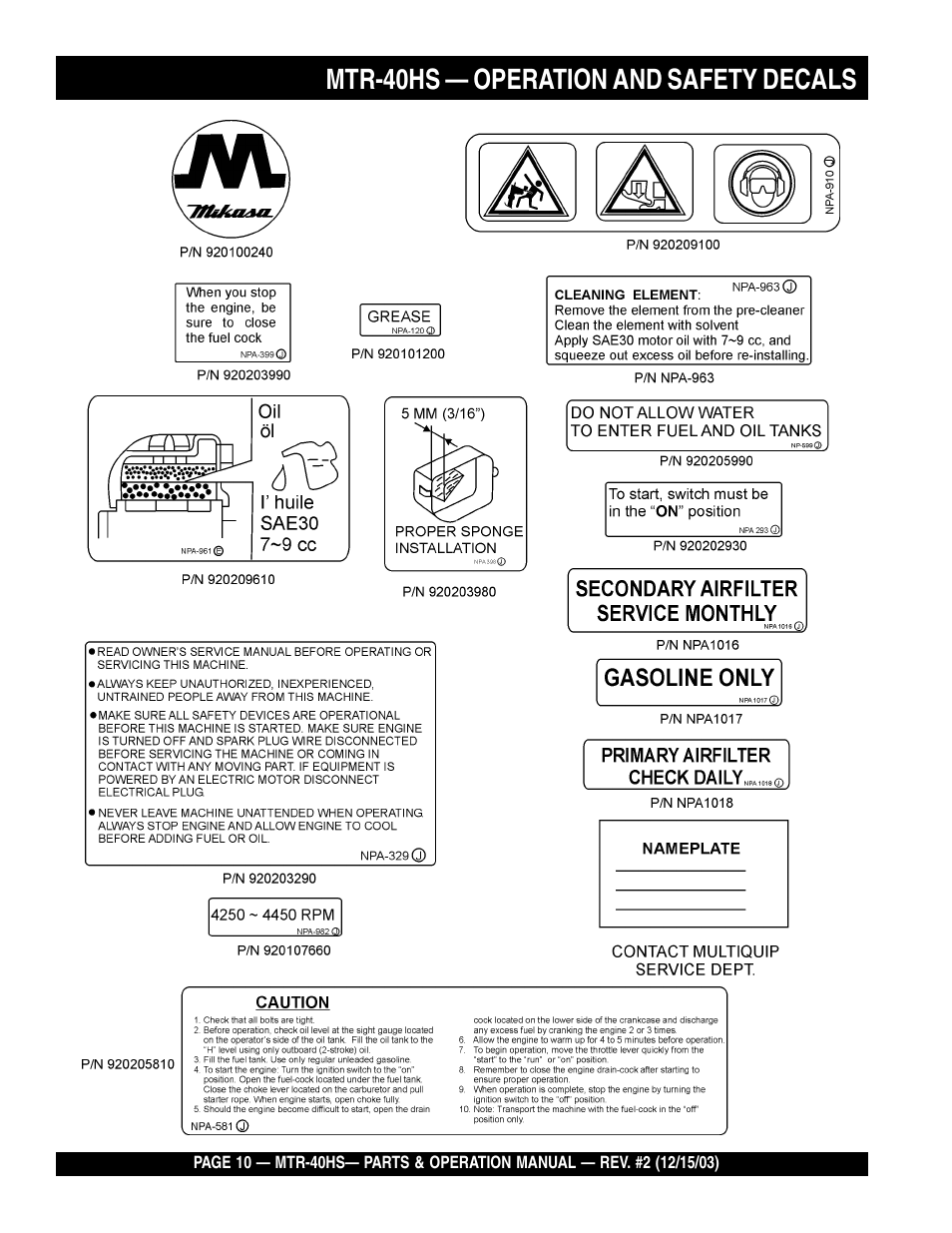 Mtr-40hs — operation and safety decals | Multiquip MTR40HS User Manual | Page 10 / 66