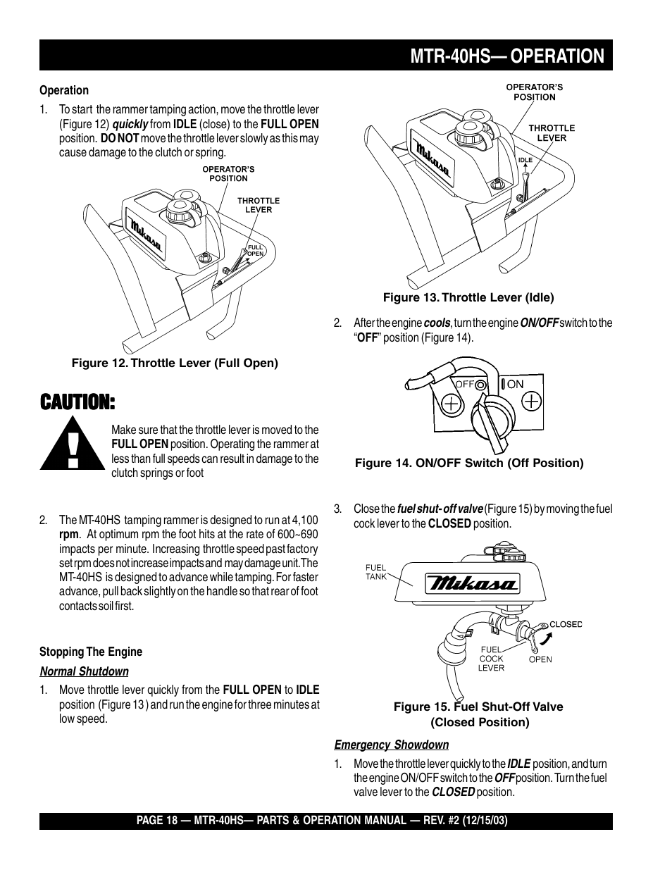 Mtr-40hs— operation, Caution | Multiquip MTR40HS User Manual | Page 18 / 66