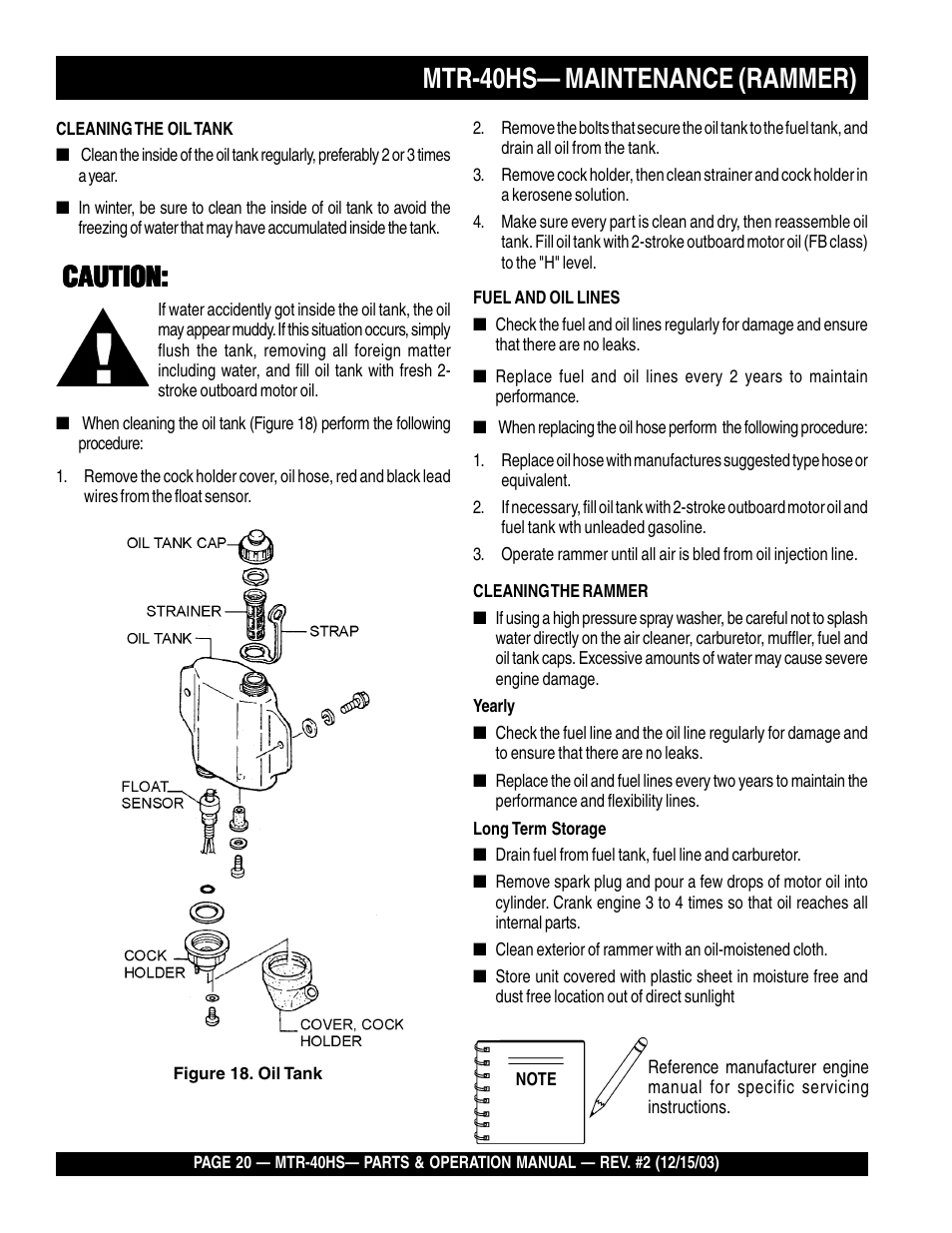 Mtr-40hs— maintenance (rammer), Caution | Multiquip MTR40HS User Manual | Page 20 / 66