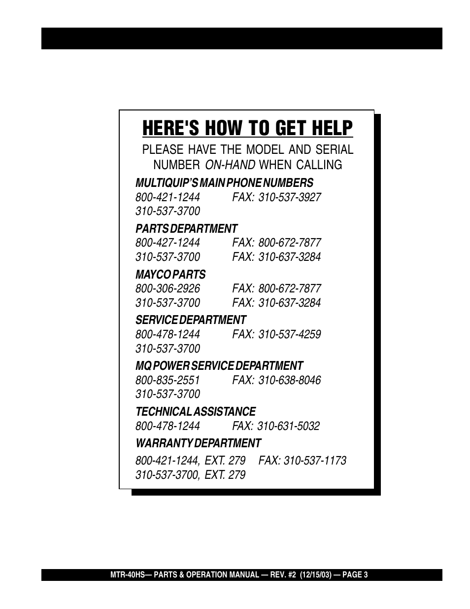 Here's how to get help | Multiquip MTR40HS User Manual | Page 3 / 66