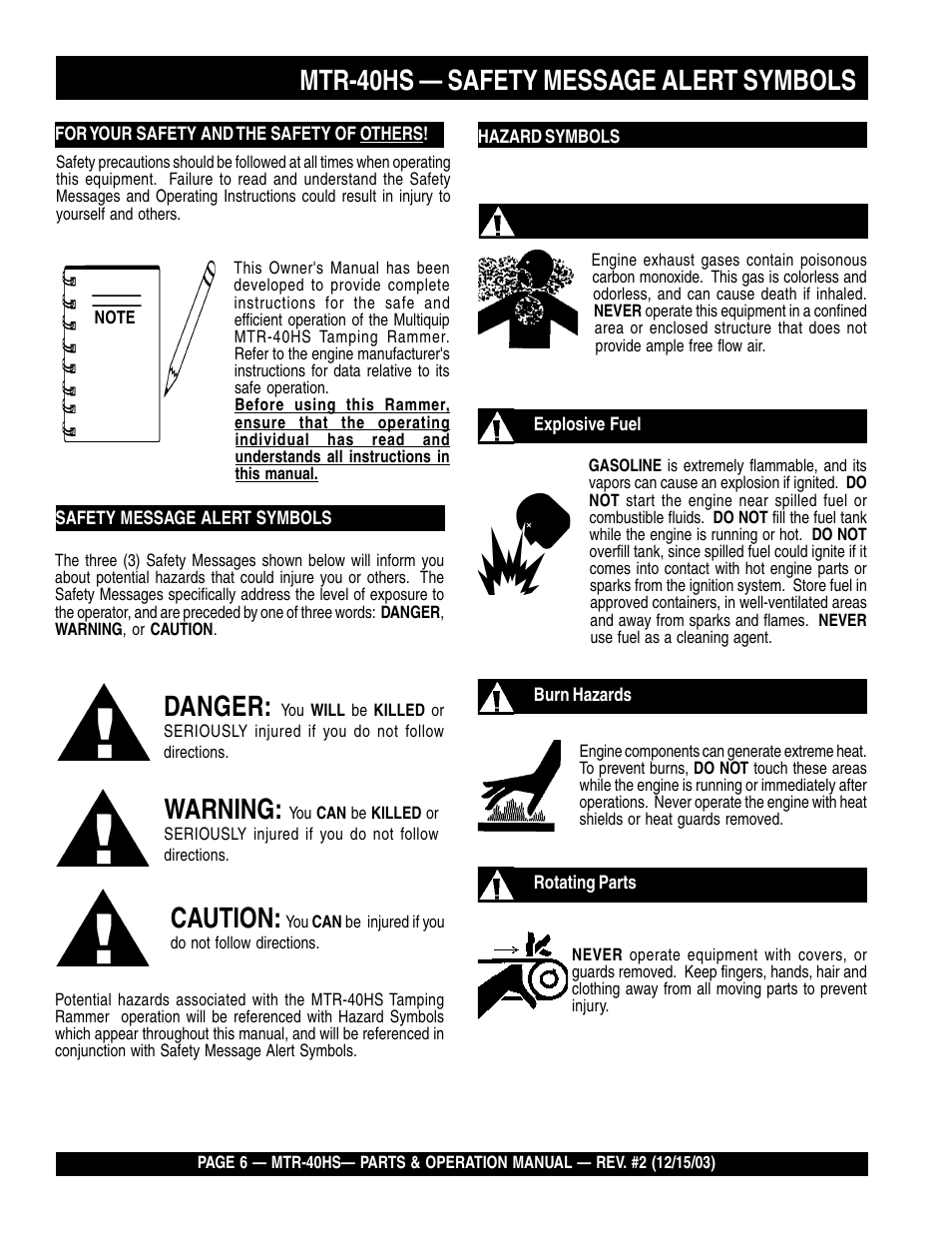 Mtr-40hs — safety message alert symbols, Danger, Warning | Caution | Multiquip MTR40HS User Manual | Page 6 / 66