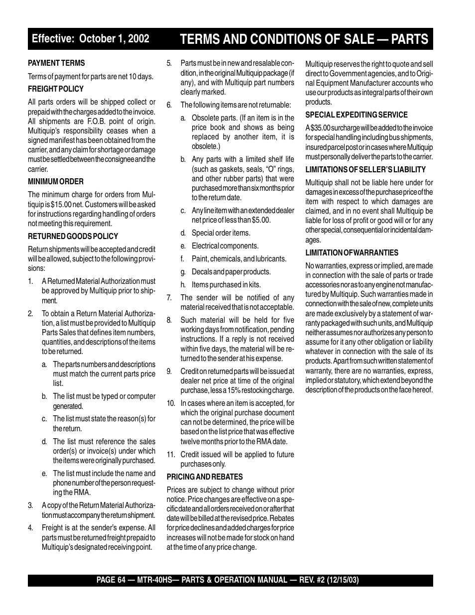 Terms and conditions of, Sale — parts | Multiquip MTR40HS User Manual | Page 64 / 66