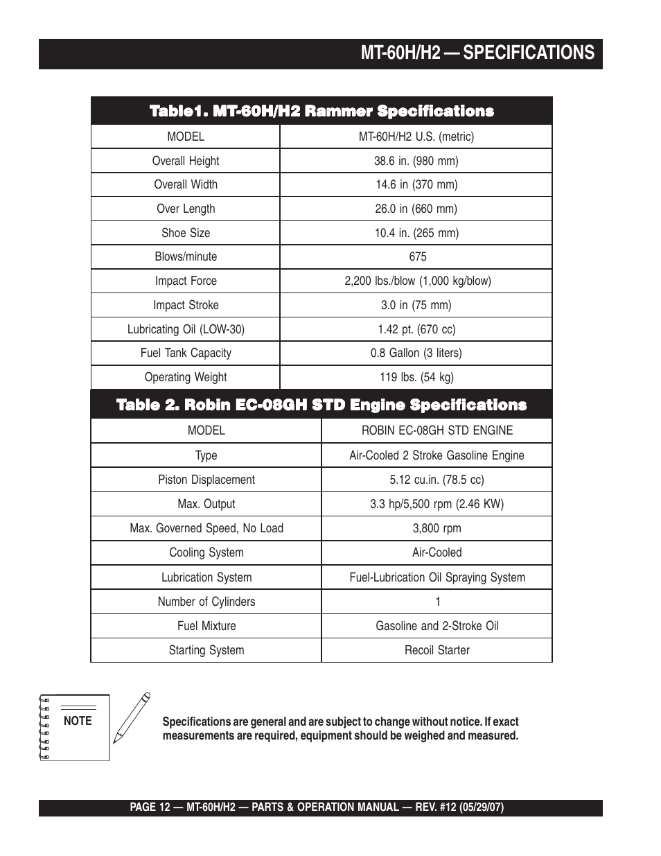 Mt-60h/h2 — specifications | Multiquip MT-60H/H2 User Manual | Page 12 / 52
