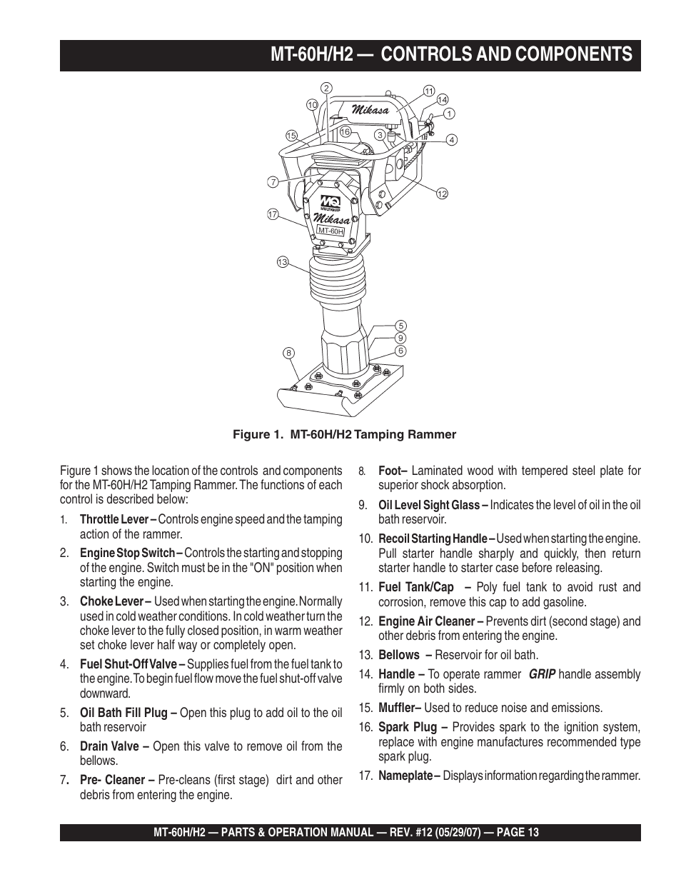 Mt-60h/h2 — controls and components | Multiquip MT-60H/H2 User Manual | Page 13 / 52