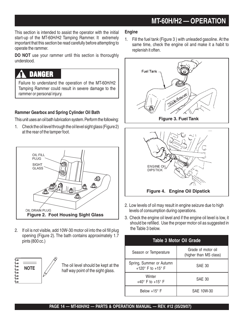Mt-60h/h2 — operation, Danger | Multiquip MT-60H/H2 User Manual | Page 14 / 52