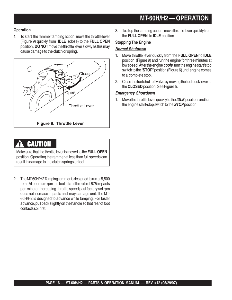 Mt-60h/h2 — operation, Caution | Multiquip MT-60H/H2 User Manual | Page 16 / 52