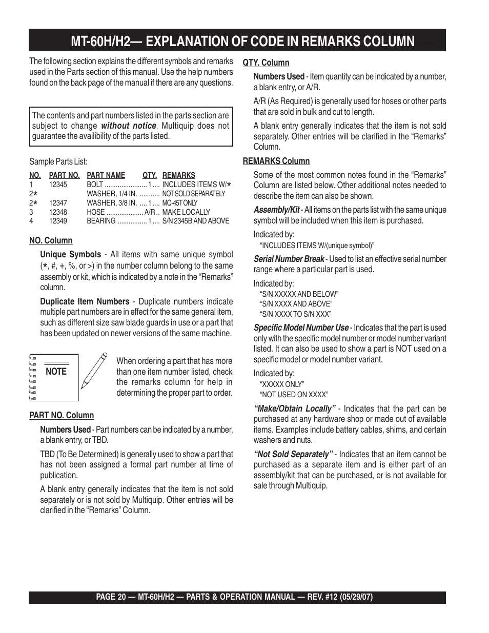 Mt-60h/h2, Explanation of code in remarks column | Multiquip MT-60H/H2 User Manual | Page 20 / 52