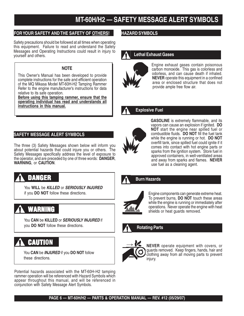 Mt-60h/h2 — safety message alert symbols, Cauti | Multiquip MT-60H/H2 User Manual | Page 6 / 52