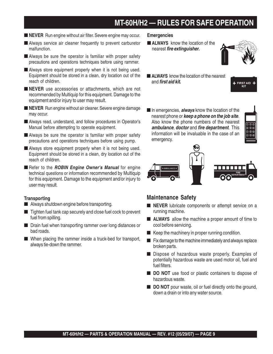Mt-60h/h2 — rules for safe operation, Maintenance safety | Multiquip MT-60H/H2 User Manual | Page 9 / 52